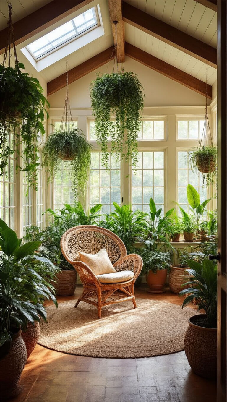 Sunlit 18x18ft sunroom with vaulted ceiling and exposed beams, filled with hanging pothos, spider plants, and philodendrons; rattan peacock chair centered beneath plant canopy, terracotta pots and fiber baskets add warmth.