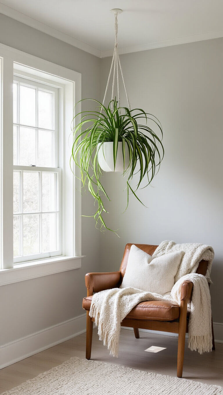 Scandinavian reading nook with hanging spider plant above leather chair in soft morning light.