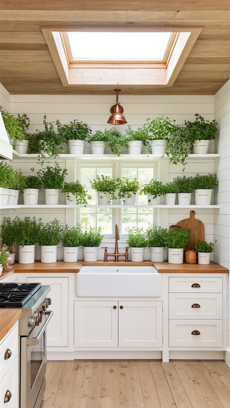Modern farmhouse kitchen with skylight, featuring hanging herbs in vintage enamelware above island, white cabinets, butcher block counters, and copper accents.
