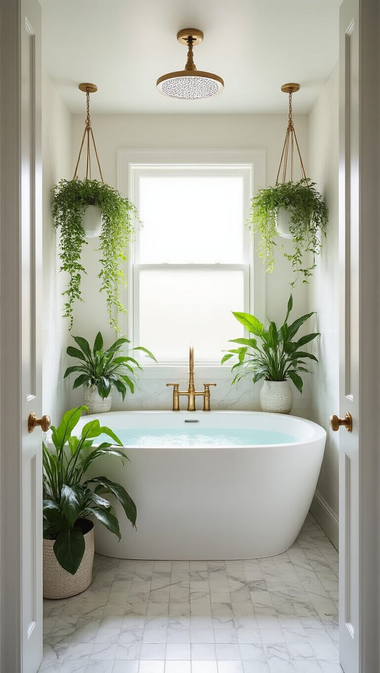 Spa-like bathroom with hanging plants, freestanding tub, marble tiles, brass fixtures, and diffused light through frosted window.