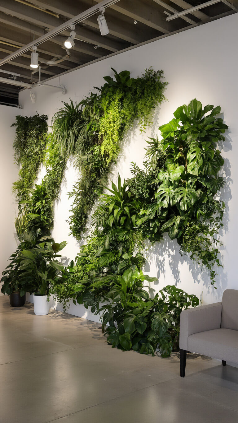 Artistic plant installation in modern gallery-like living space with spotlighting highlighting asymmetrical greenery against white walls and polished concrete floors.