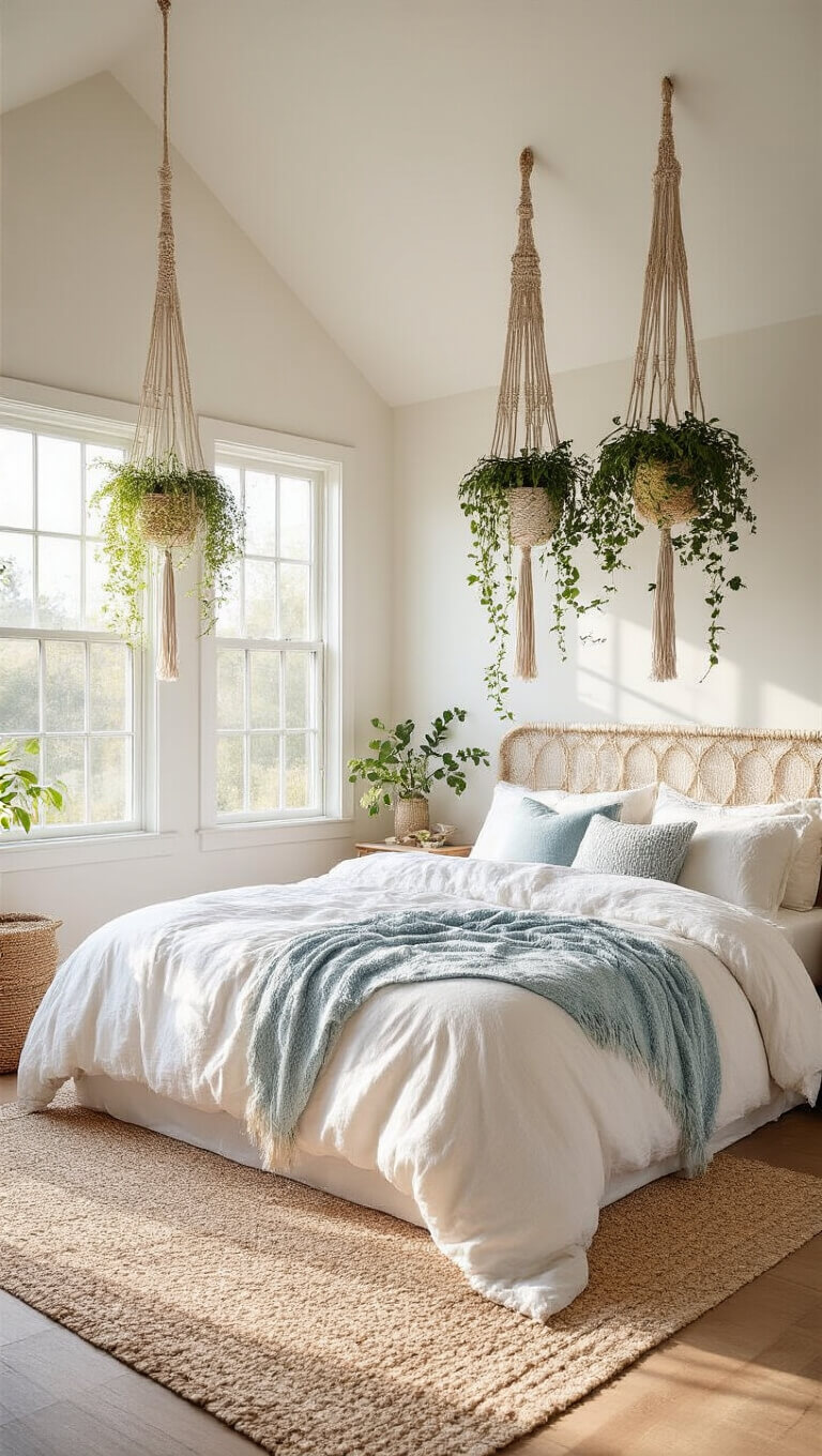 Coastal boho bedroom with golden morning light, macramé plant hangers, trailing greenery, white linens, and pale blue accents.