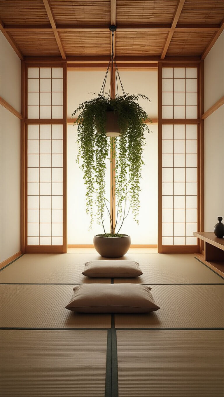 Zen meditation corner with tatami mats, bamboo ceiling, rice paper screens, a hanging plant centerpiece, and minimalist decor, viewed symmetrically from seated height.
