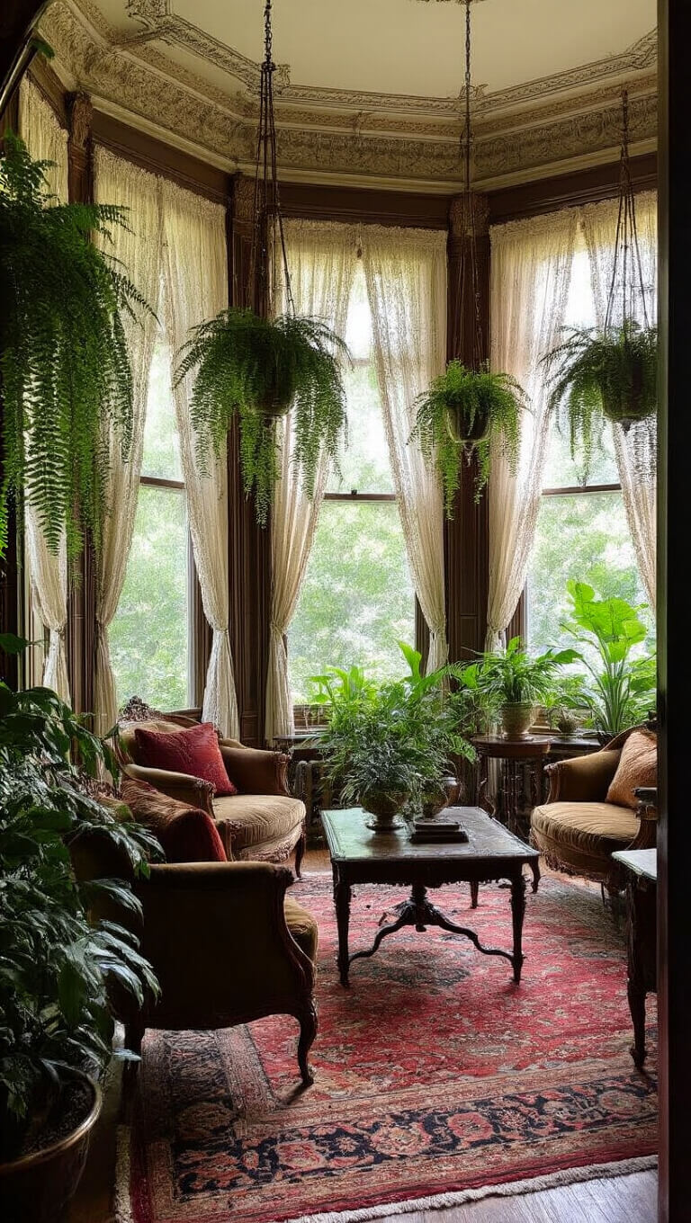 Victorian-style conservatory with velvet furniture, oriental rug, lace-curtained windows, hanging ferns in brass planters, and intricate ceiling moldings.