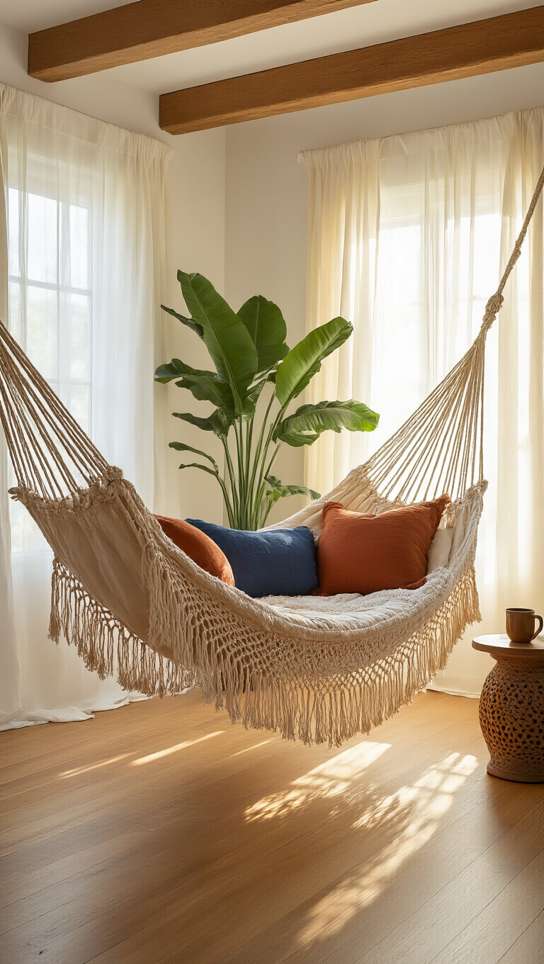 Sunlit bedroom with macrame hammock, textured pillows, Moroccan table, and monstera plant casting shadows.