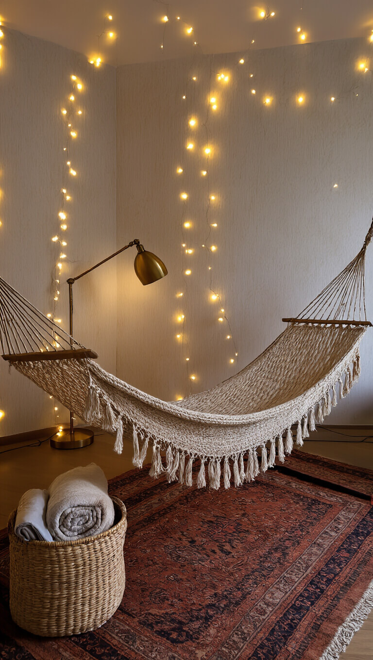 Cozy 12x12ft bedroom corner at dusk with a handwoven jute hammock, string lights, layered Persian rugs, brass floor lamp, rattan basket of blankets, and textured wallpaper.