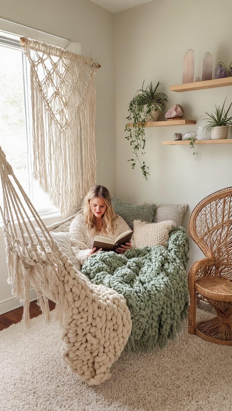 Bohemian reading nook with white hammock, cozy knit throws, rattan peacock chair, floating shelves with crystals and plants, lit by morning sunlight through macrame.
