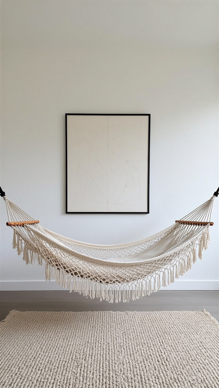 Minimalist 15x18ft bedroom with black metal hammock mount, bleached cotton macrame hammock, white walls, abstract art, and Scandinavian design elements.