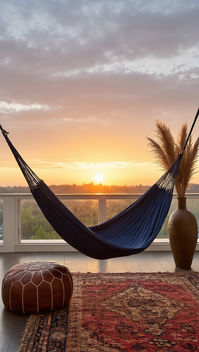 Dramatic sunset-lit bedroom corner with indigo cotton hammock, brass hardware, vintage pouf, pampas grass in tall vase, layered rugs, and rich jewel tones.