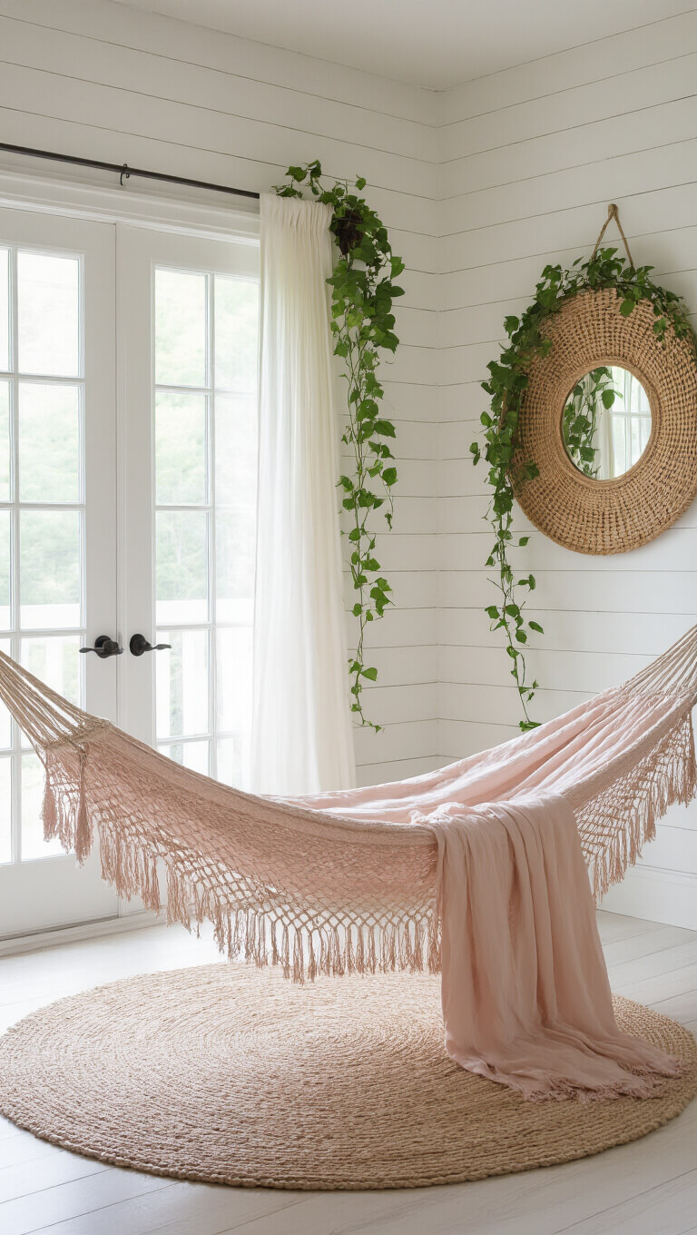 Ethereal guest bedroom with blush pink crocheted hammock, white shiplap walls, rattan mirror, trailing pothos, and soft backlit light through French doors.