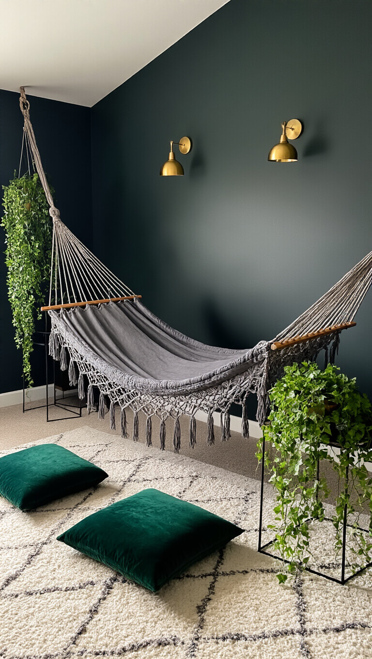 Moody evening master bedroom with charcoal macrame hammock, dark accent wall, brass sconces, velvet cushions, black plant stands with ivy, and emerald and gold accents in dramatic side lighting.