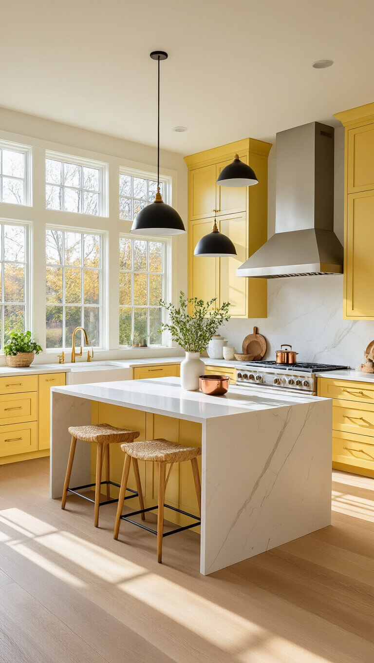 Sunlit modern kitchen with yellow cabinets, white quartz island, oak floors, and Scandinavian decor in natural morning light.