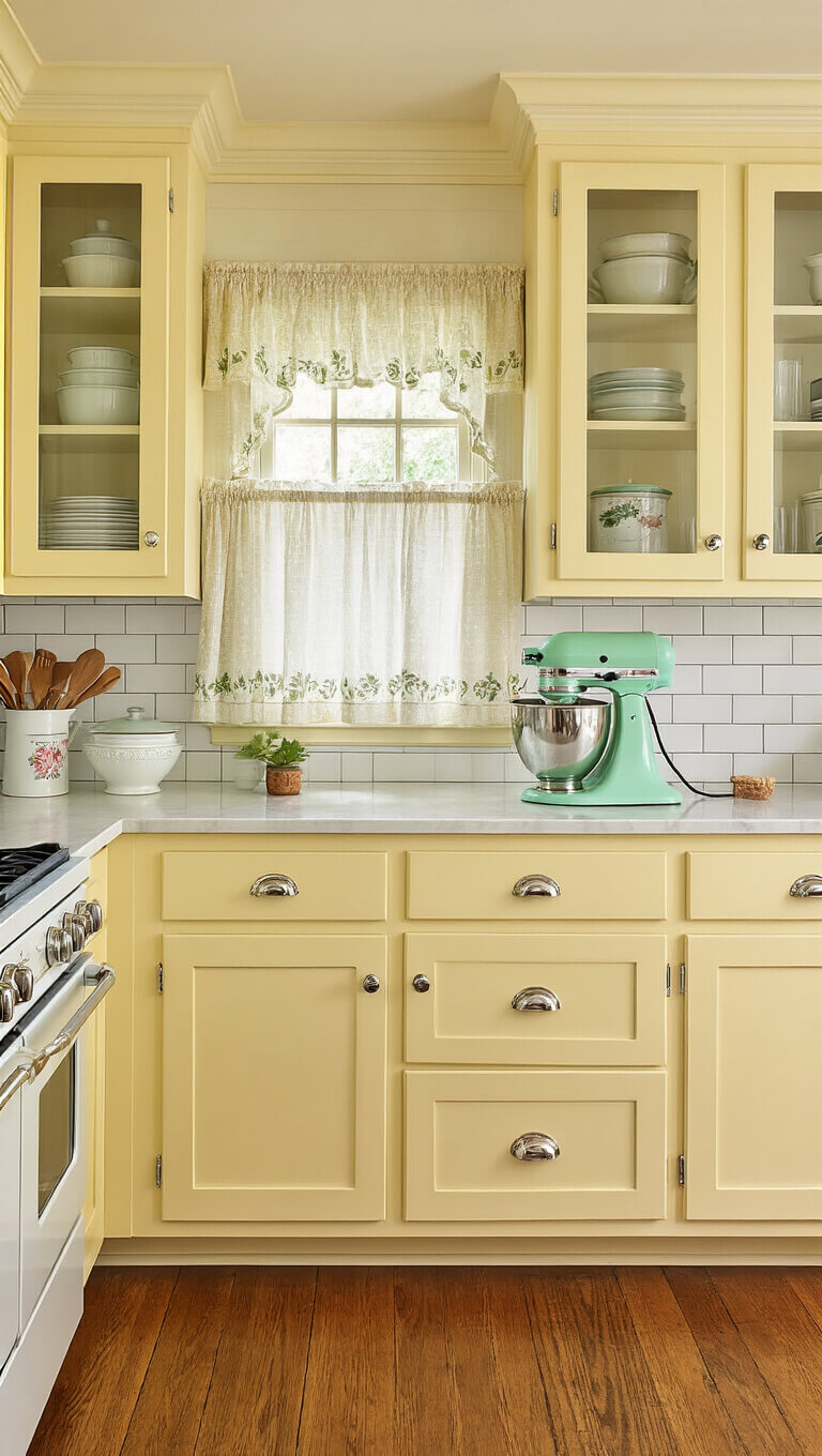 Low-angle view of a cozy vintage 12x12ft kitchen with butter-cream yellow glass-front cabinets, mint-green stand mixer, retro chrome handles, hardwood floors, and soft mid-afternoon lighting.
