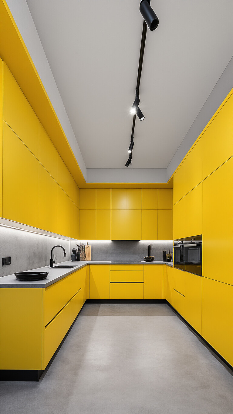 Modern kitchen with floor-to-ceiling marigold yellow cabinets, concrete countertops, black fixtures, and dramatic dusk lighting.