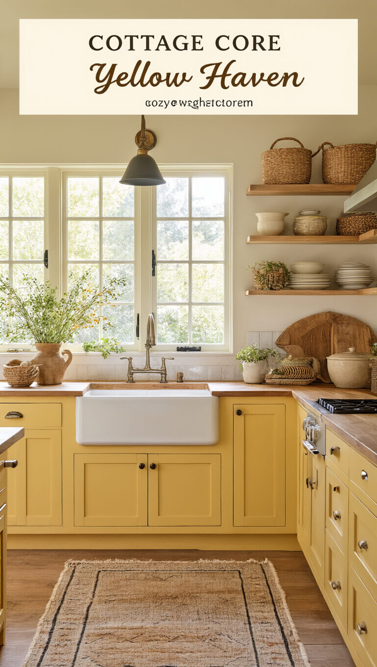 Cozy 10x12ft cottage kitchen with honey-yellow cabinets, butcher block counters, farmhouse sink, vintage rugs, and golden hour light through garden windows.