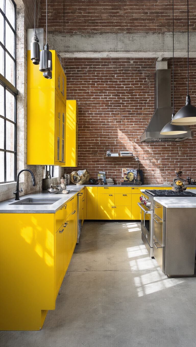 High-angle view of an industrial urban loft kitchen with canary yellow cabinets, exposed brick walls, concrete floors, stainless steel appliances, and afternoon light streaming through steel-framed windows.