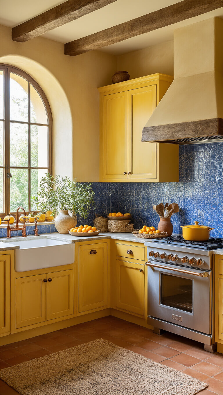 Warm Mediterranean kitchen with saffron cabinets, terracotta floors, blue tile backsplash, and copper fixtures, styled with citrus fruits and woven textiles.