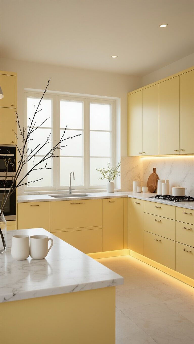 Minimalist 16x18ft yellow kitchen with pale primrose cabinets, white marble counters, frosted windows, and soft LED lighting.