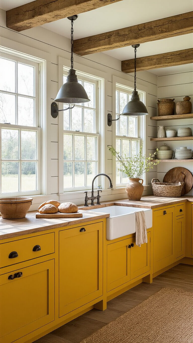 Rustic farmhouse kitchen with mustard yellow cabinets, shiplap walls, wood beams, and vintage decor in warm natural light.