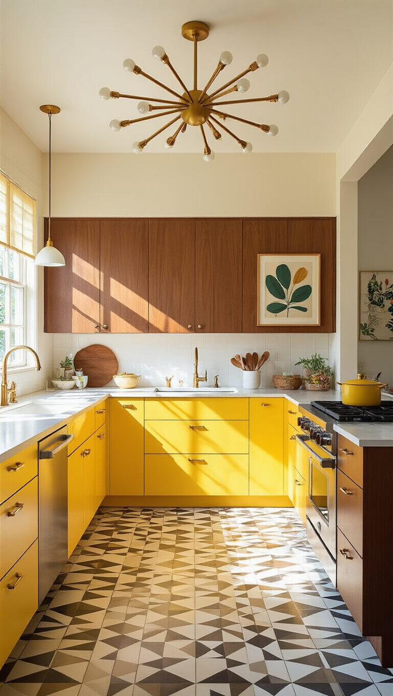 Mid-century kitchen with lemondrop yellow cabinets, geometric tile floor, walnut accents, starburst light fixture, and vintage decor in dramatic afternoon lighting.