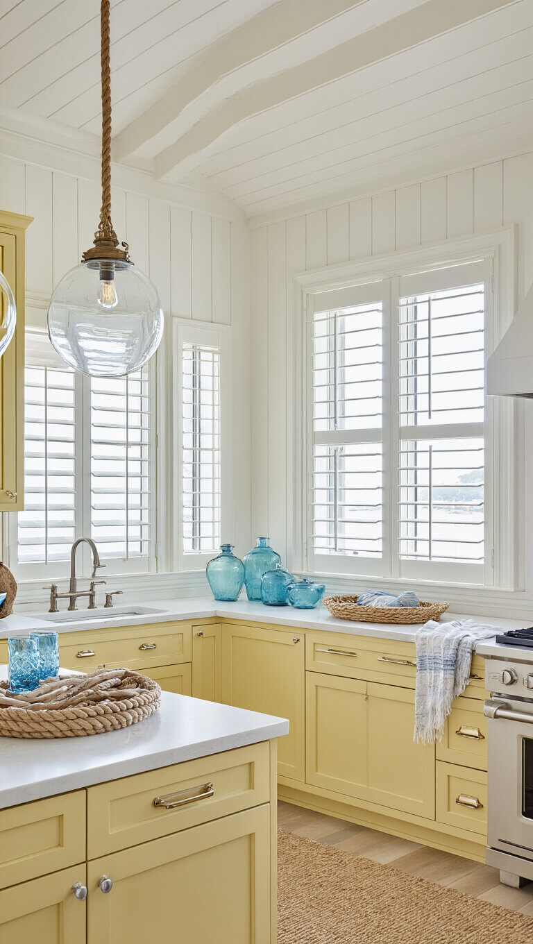 Airy coastal kitchen with pale yellow cabinets, white paneled walls, glass globe pendants, and blue glassware accents.