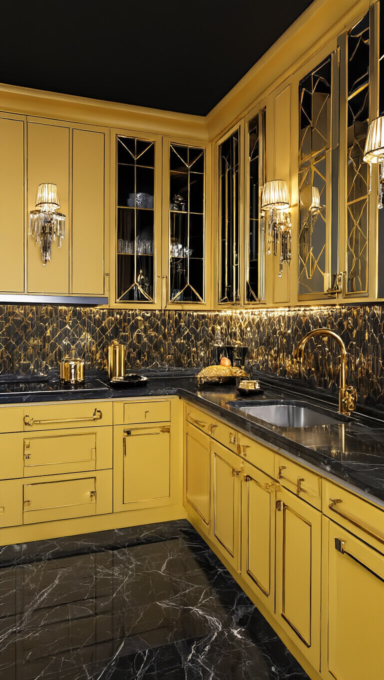 Art Deco kitchen with amber yellow cabinets, gold trim, black marble counters, mirrored backsplash, and crystal lighting in dramatic evening ambiance.
