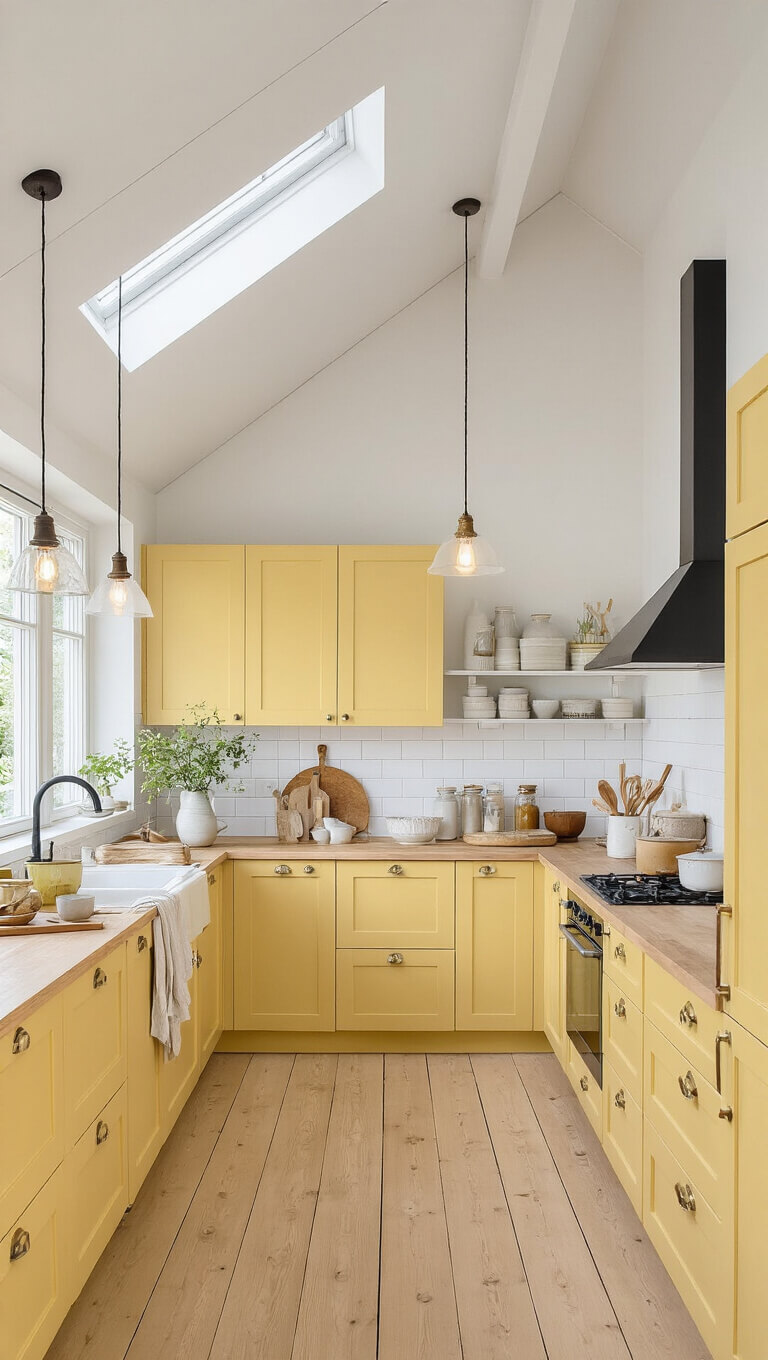 Cozy Nordic kitchen with soft yellow cabinets, light oak floors, white walls, and skylights providing diffused light.