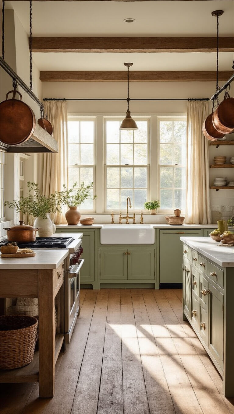 Rustic farmhouse kitchen with sage green cabinets, weathered wood island, oak flooring, and copper accents bathed in golden hour sunlight.