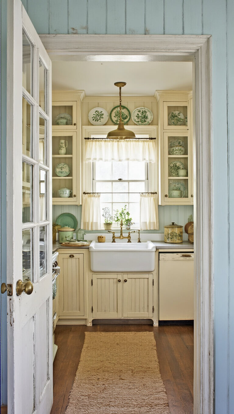 Vintage 10x14ft kitchen at blue hour with cream beadboard cabinets, apron sink under curtained window, antique brass sconces, and vintage decor in soft, muted tones.