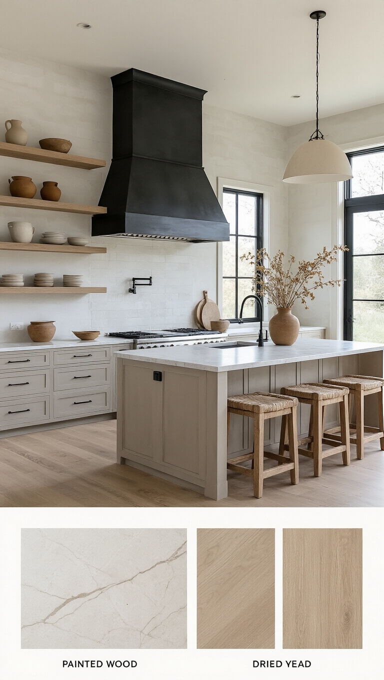 Overhead view of a spacious neutral farmhouse kitchen with greige cabinets, white oak shelving, blackened steel hood, and marble island in soft morning light.