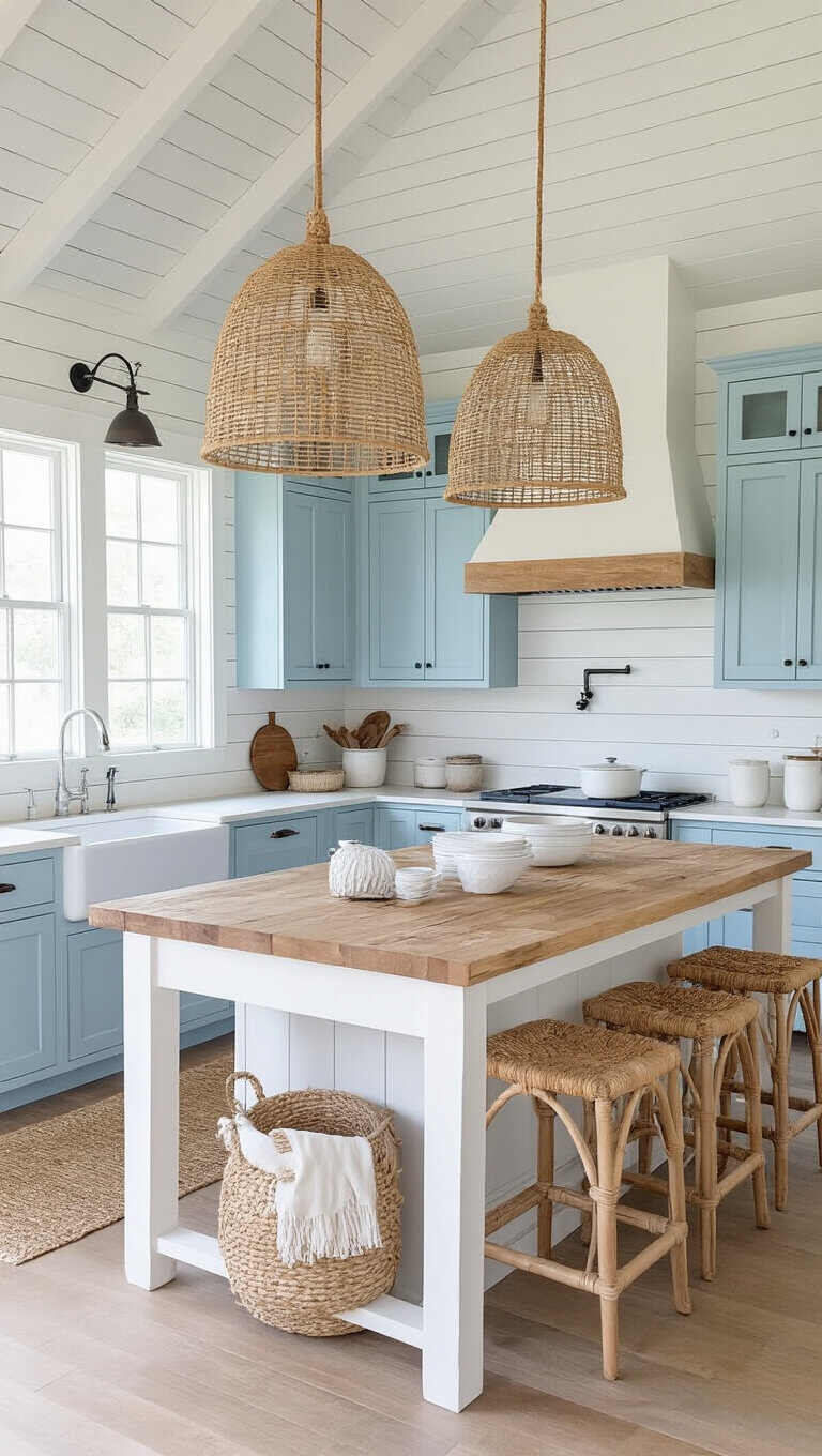 Coastal farmhouse kitchen with pale blue cabinets, white shiplap walls, butcher block island, rattan pendant lights, and beach-inspired decor.