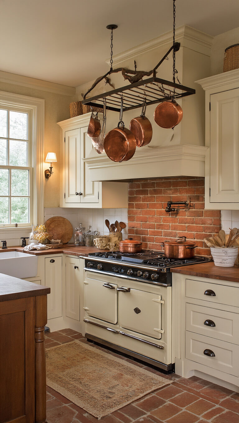 Cozy 12x15ft farmhouse kitchen at twilight with cream cabinets, vintage stove in brick hearth, copper pot rack, and warm ambient lighting.
