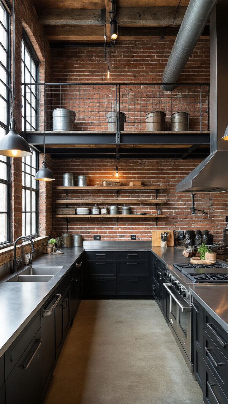 Industrial farmhouse loft kitchen with black cabinets, reclaimed wood uppers, exposed brick, steel counters, and vintage decor in dramatic afternoon light.