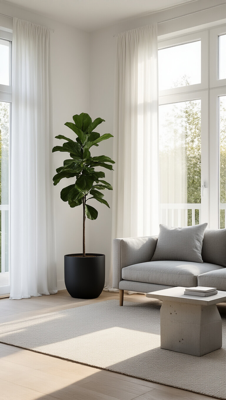 Minimalist 12x14ft living room at golden hour with floor-to-ceiling windows, sheer curtains, grey mid-century sofa, fiddle leaf fig in black planter, pale oak flooring, and concrete side table.