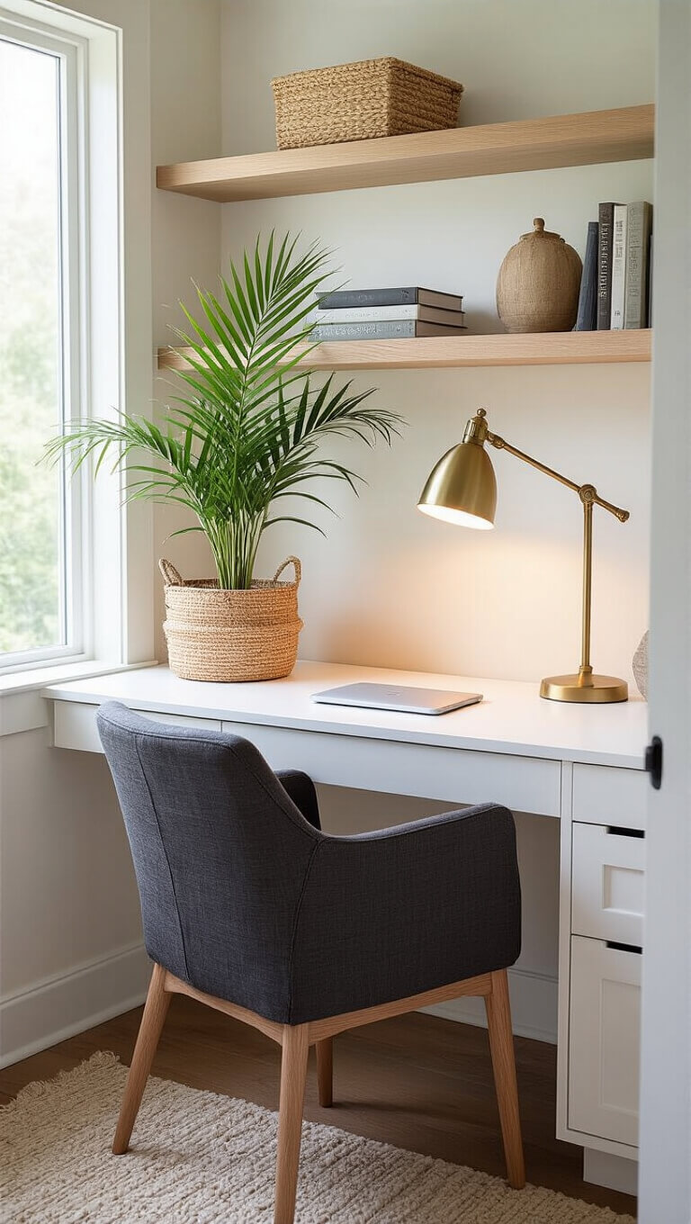 Cozy home office nook with white desk, Parlor Palm in seagrass basket, brass desk lamp, built-in bleached oak shelves, and charcoal linen chair in soft morning light.