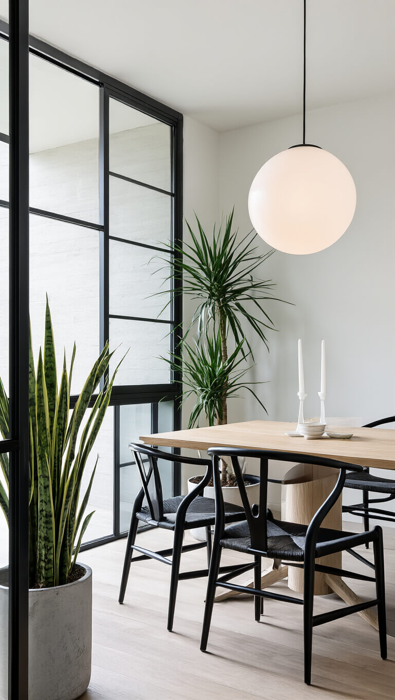 Modern minimalist dining room with oak table, black wishbone chairs, cornstalk dracaena in concrete planter, and frosted globe pendant light by large black-framed window.
