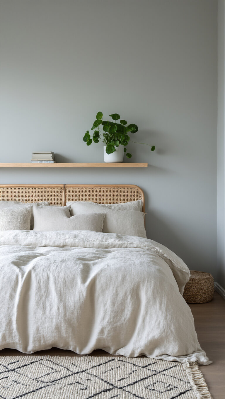 Scandinavian bedroom corner with rattan headboard, linen bedding, and floating shelf holding Chinese Money Plant, softly lit during blue hour.