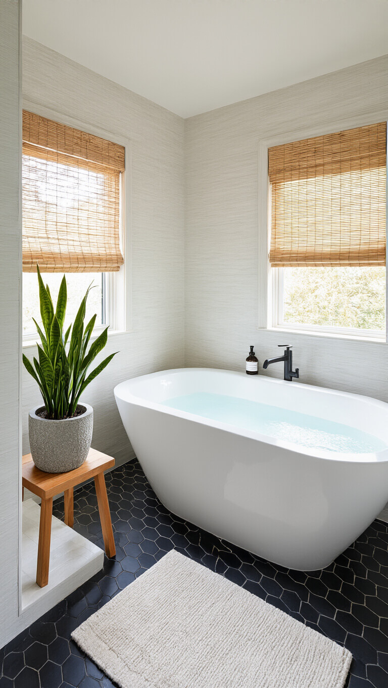 Zen-style bathroom with white soaking tub, snake plant on teak stool, black hex tile floor, and bamboo shade filtering morning light.