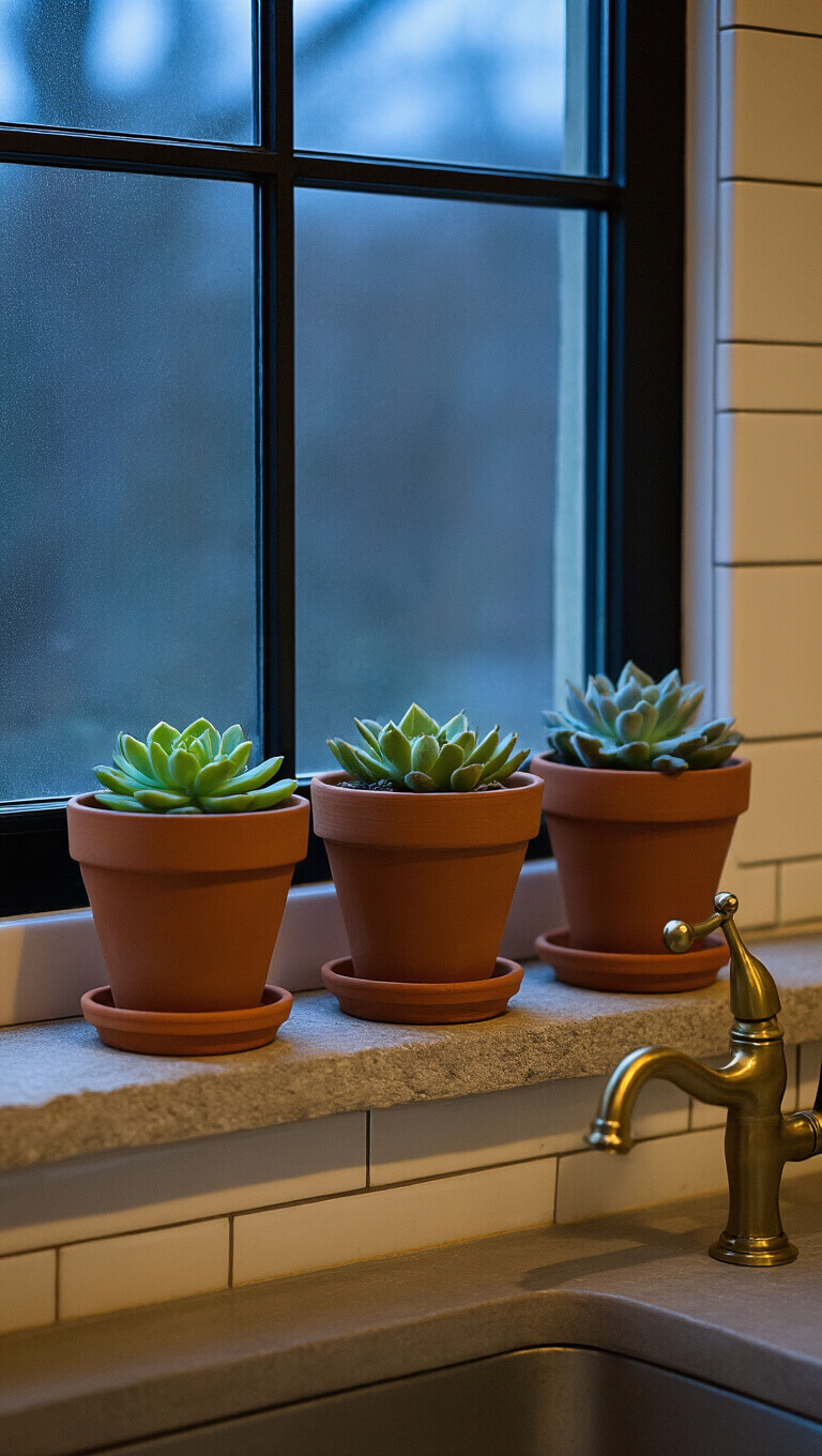 Succulent plants in terracotta pots on a limestone windowsill at twilight, with brass faucet and white subway tile backsplash in soft focus.