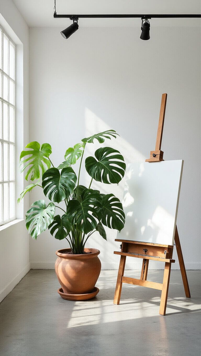 Artist's studio with white gallery walls, concrete floors, large Monstera in earthen pot, wood easel, and black track lighting in soft afternoon light.