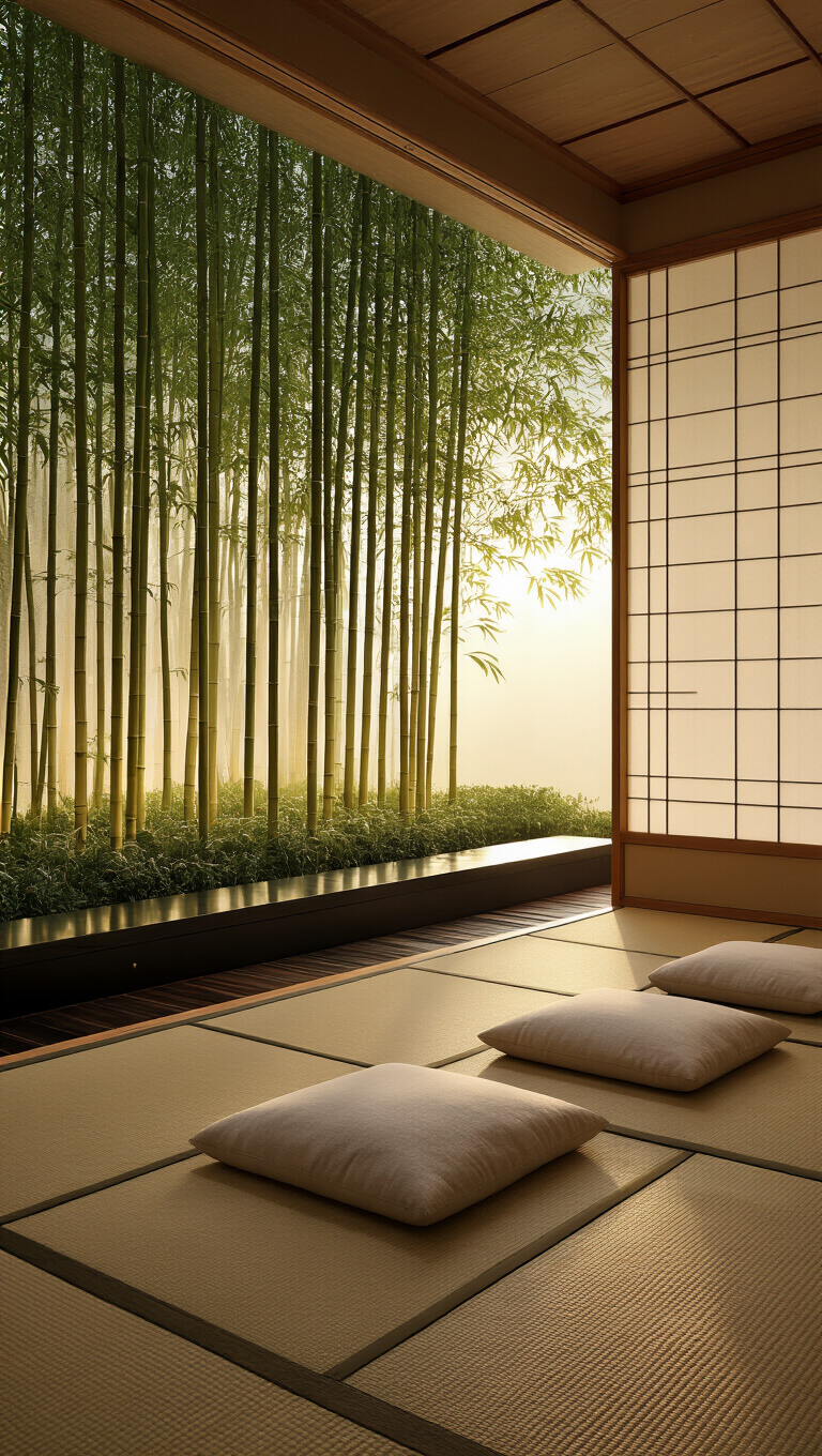 Floor-level view of a serene 10x10ft meditation room at dawn with tatami mats, natural linen floor cushions, bamboo grove in a rectangular planter, and soft morning light filtering through shoji screens.