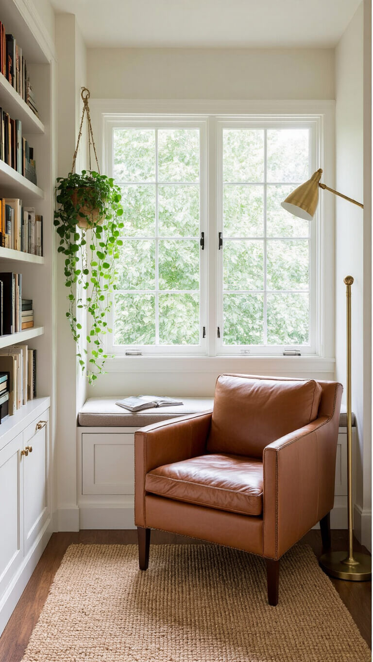 Cozy reading nook with leather chair, jute rug, brass lamp, whitewashed oak bookshelf, and String of Pearls plant in soft afternoon light.