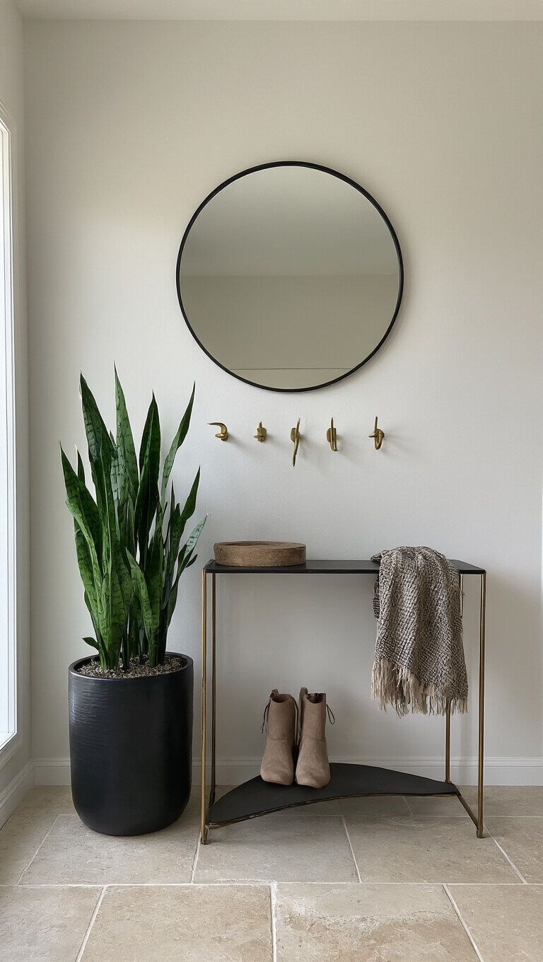 Minimalist entryway with ZZ plant in black planter on console table, brass coat hooks, large round mirror, and limestone flooring in natural morning light.