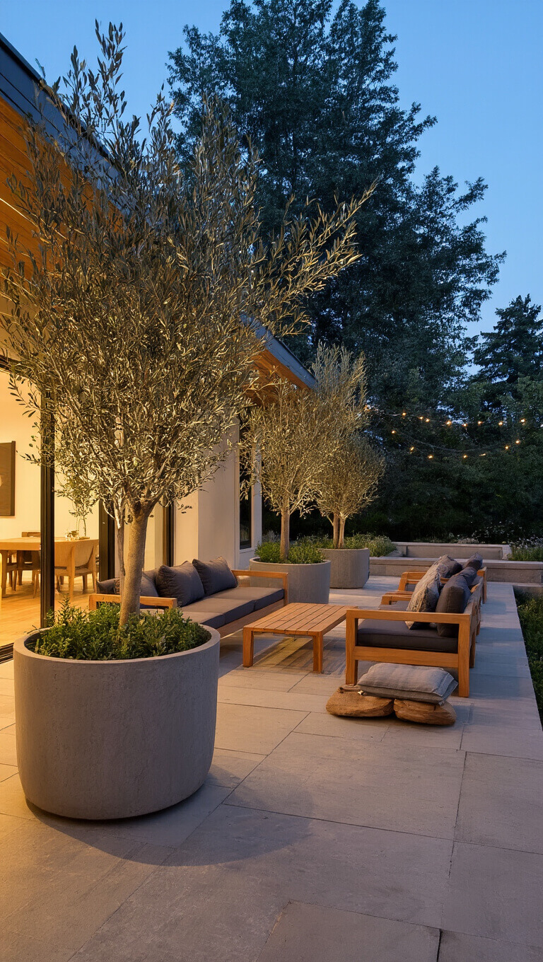 Covered patio at dusk with potted olive trees, teak furniture with charcoal cushions, stone pavers, and minimal string lights, viewed from indoors highlighting indoor-outdoor flow.