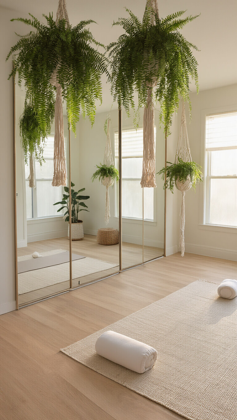 High-angle view of a serene home yoga space at sunrise with natural light streaming in, featuring Boston ferns in macrame hangers, light oak floors, floor-to-ceiling mirrors, white cotton yoga props, and a natural fiber mat.