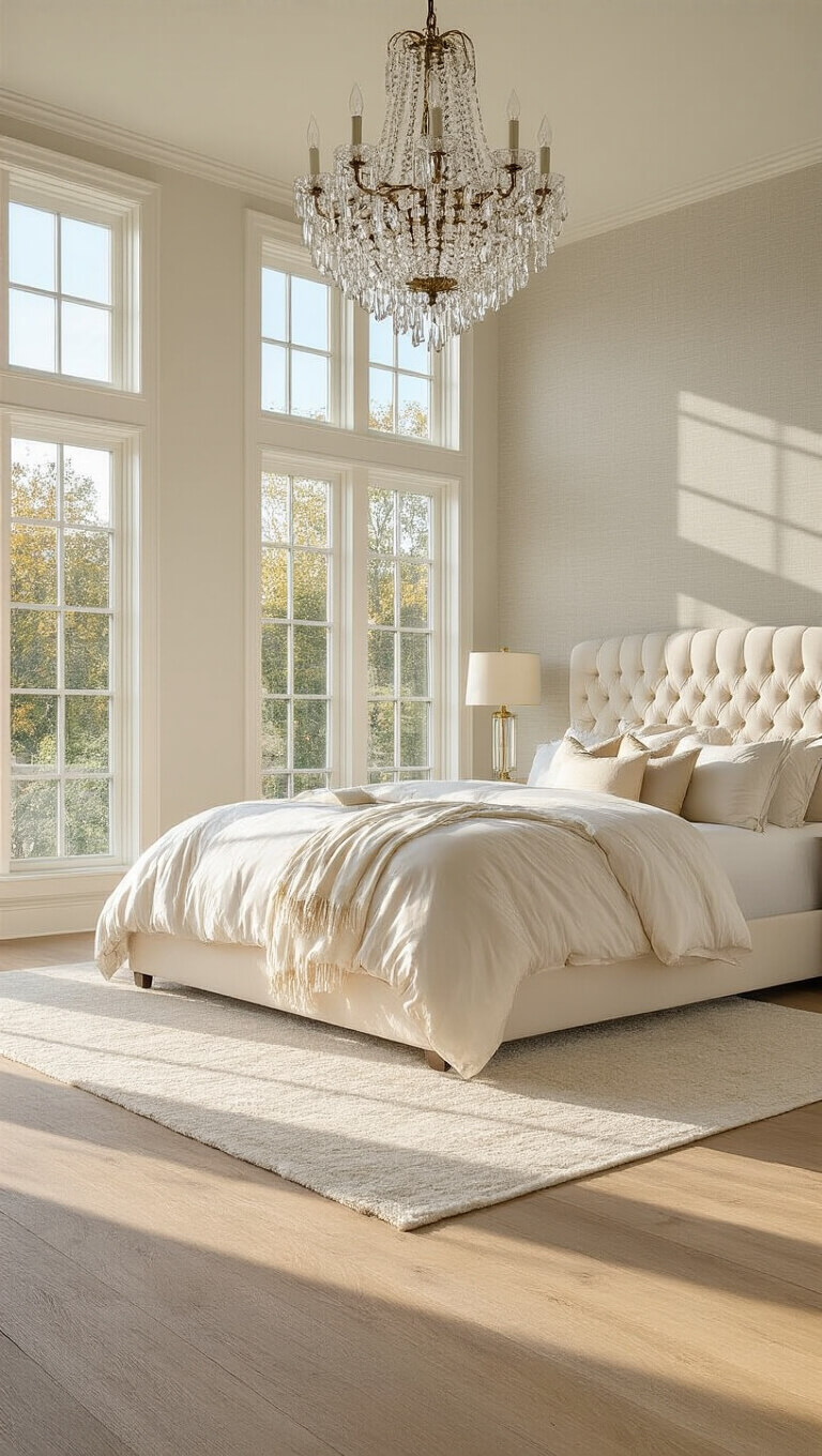 Master bedroom with ivory velvet king bed, sunlit through floor-to-ceiling windows, featuring white oak floors, brass nightstands, crystal chandelier, and soft-toned silk bedding.