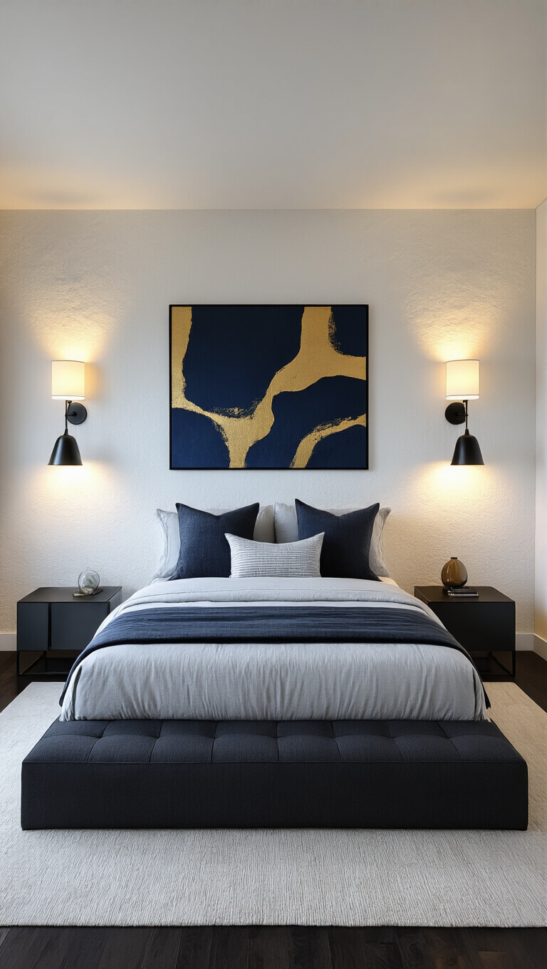 Modern 12x14ft bedroom at dusk with uplighting on textured white walls, charcoal grey platform bed, dark hardwood floors, minimalist side tables with smoked glass lamps, and a navy and gold abstract canvas as focal point.