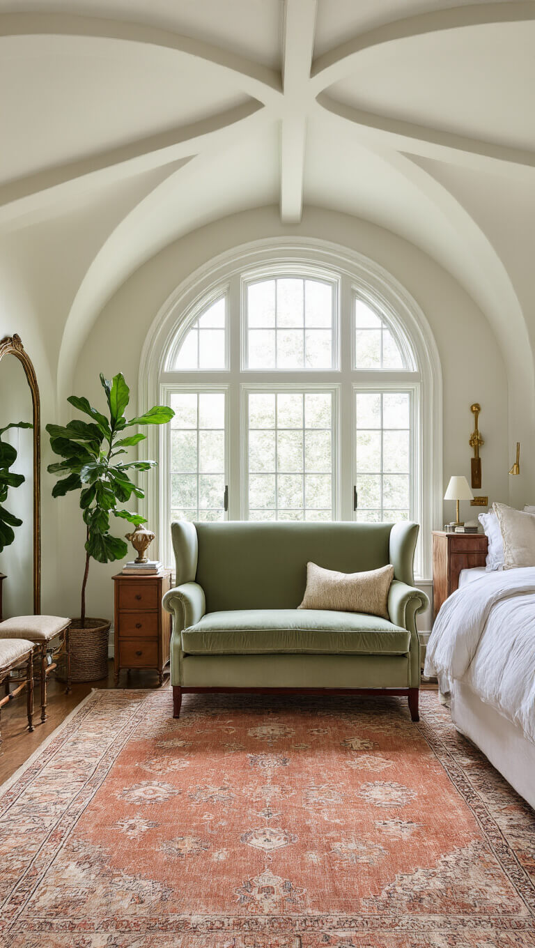 Sunlit primary suite with sage green wingback bed, walnut nightstands, layered vintage rugs, arched windows, coffered ceiling, and a fiddle leaf fig tree.