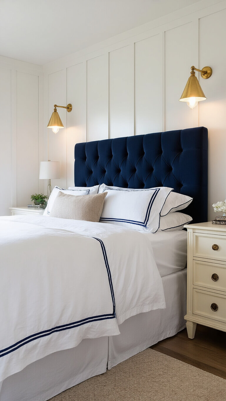 Cozy 11x13ft bedroom at twilight with navy velvet tufted headboard, white board and batten walls, vintage brass sconces, and cream nightstands with gold hardware.