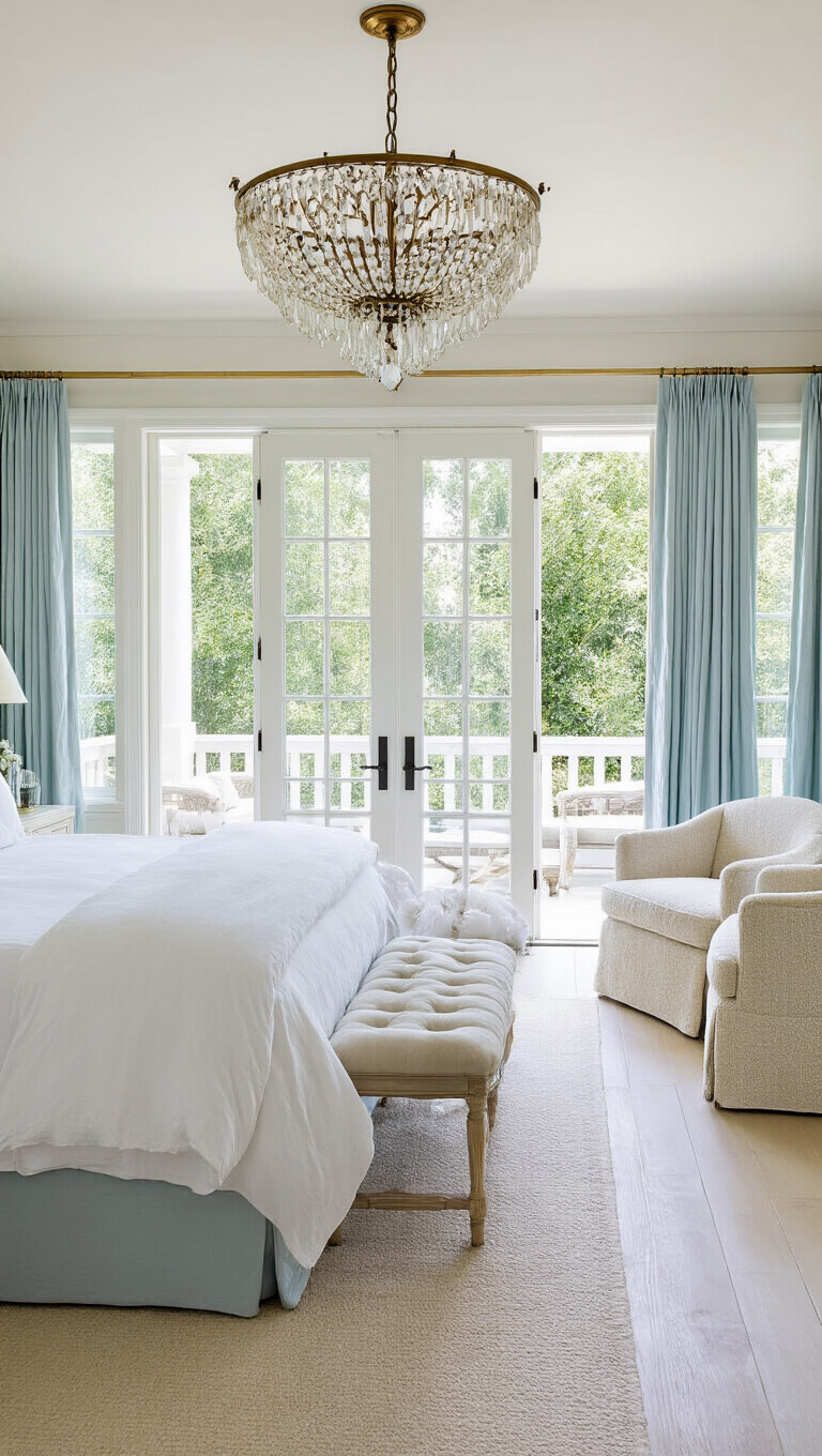 Spacious 16x20ft bedroom with French doors to terrace, California king bed, pale blue silk drapes, bouclé chairs, and crystal brass chandelier.